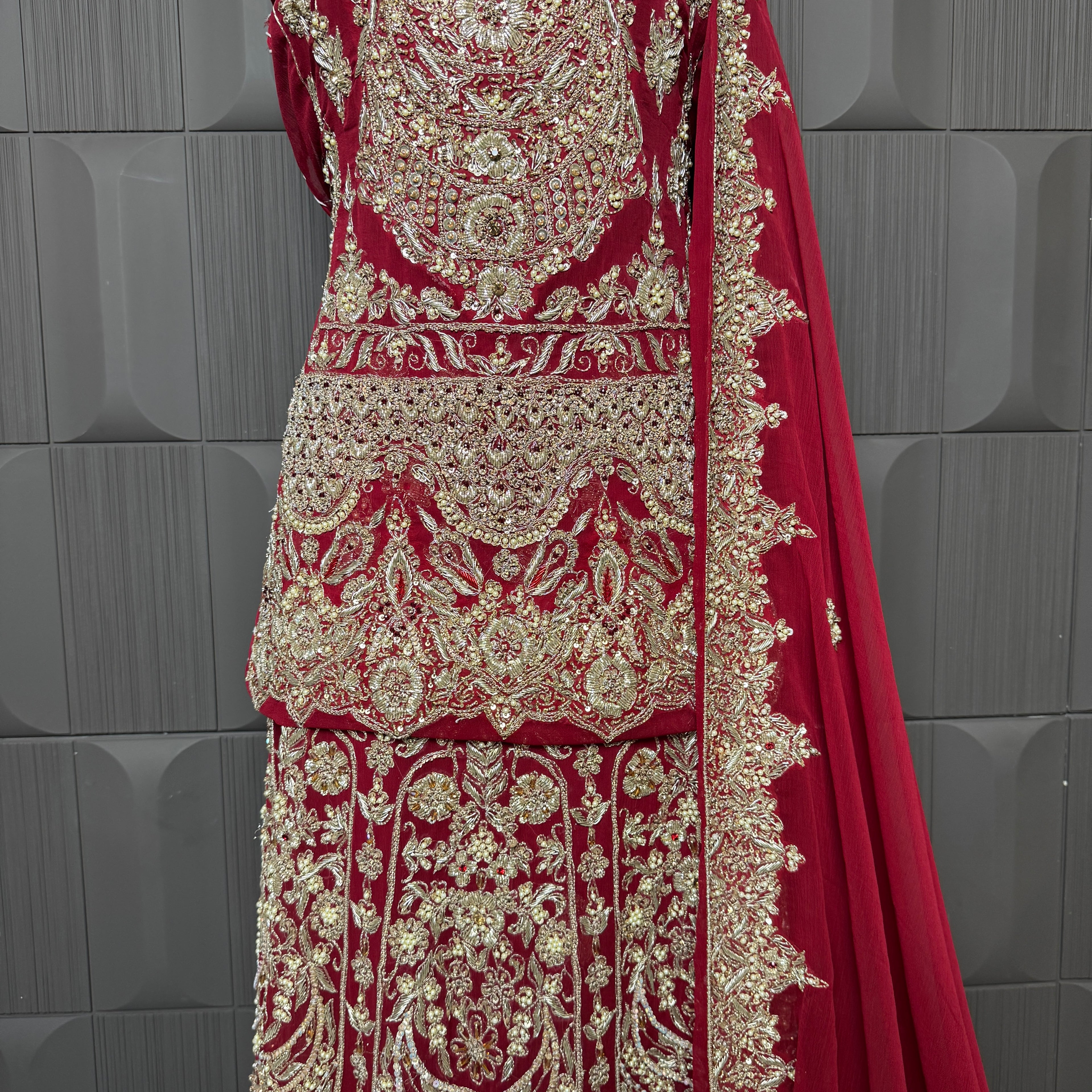 Wedding lehenga hand work BL019 lehenga view – deep red crinkle chiffon with kora dabka resham and crystal embroidery full skirt Pakistan
