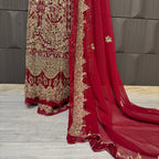 Bridal lehenga hand work BL019 lehenga close up – kora dabka resham crystal embroidery detail on deep red semi pure crinkle chiffon Pakistan
