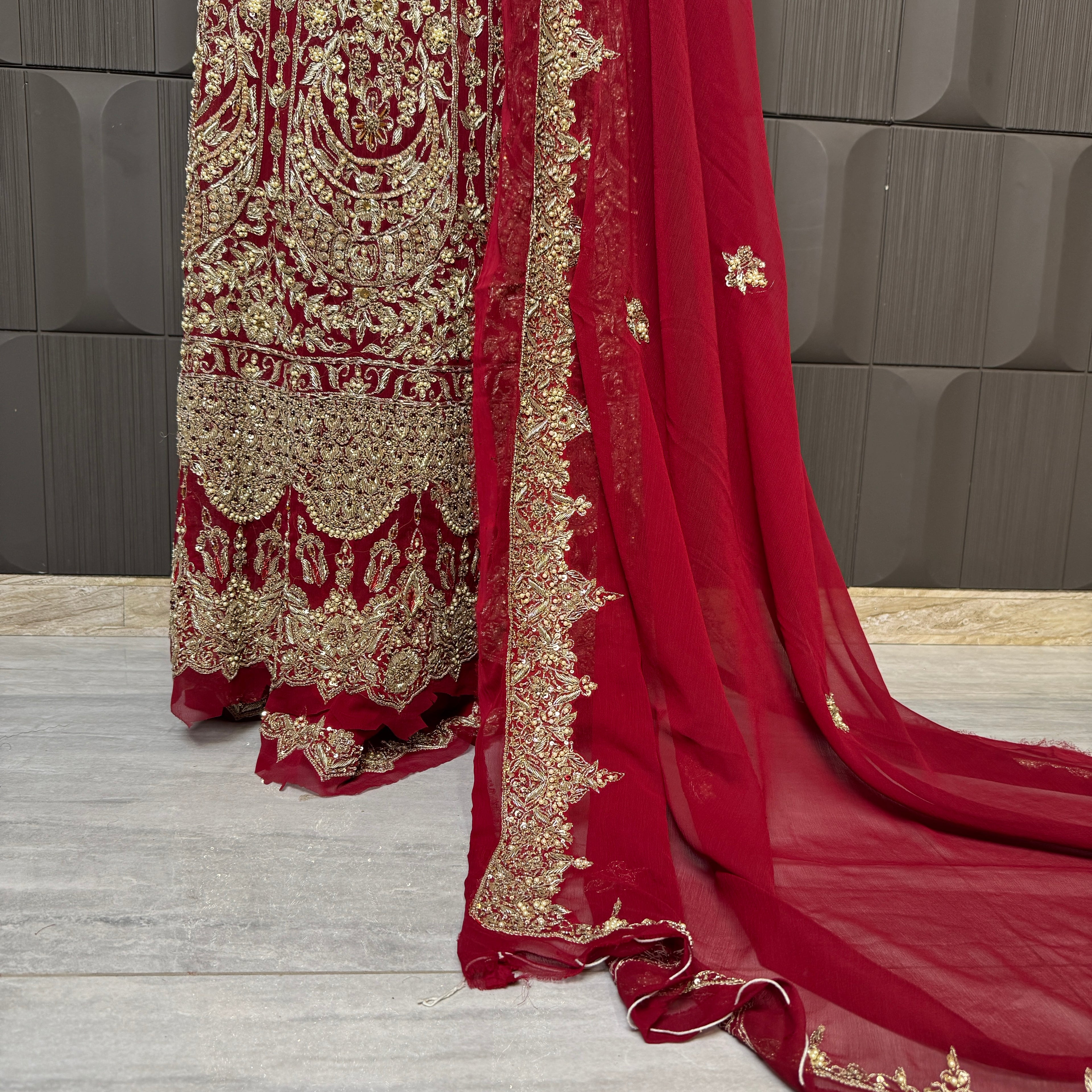 Bridal lehenga hand work BL019 lehenga close up – kora dabka resham crystal embroidery detail on deep red semi pure crinkle chiffon Pakistan
