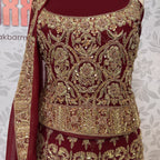 Bridal lehenga Pakistani BL021 shirt close up – kora dabka jewelry crystal hand work detail on deep anari red crinkle chiffon fabric
