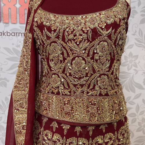 Bridal lehenga Pakistani BL021 shirt close up – kora dabka jewelry crystal hand work detail on deep anari red crinkle chiffon fabric
