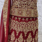 Bridal lehenga hand work BL021 lehenga close up – kora dabka jewelry crystal embroidery detail on deep anari red crinkle chiffon Pakistan
