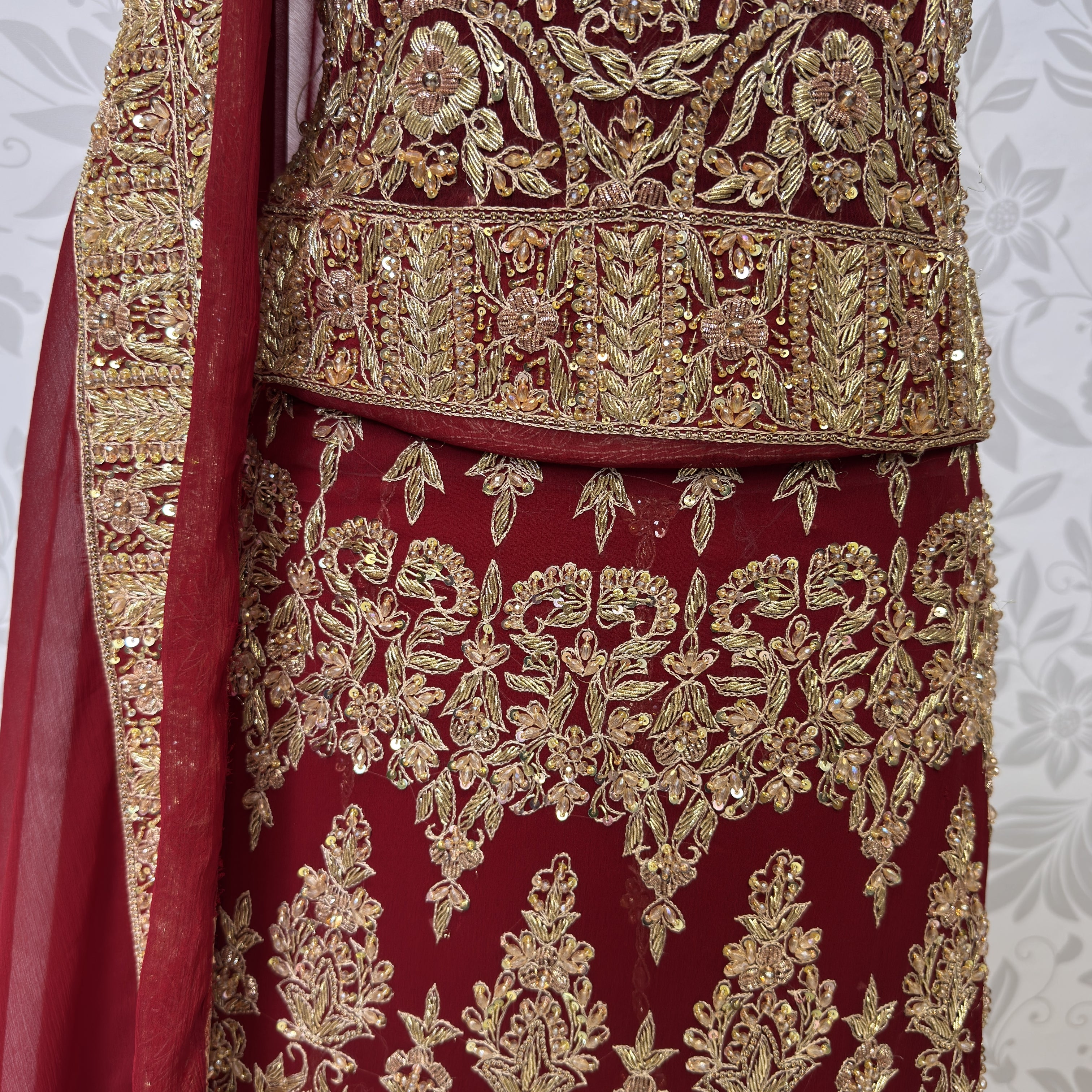 Bridal lehenga hand work BL021 lehenga close up – kora dabka jewelry crystal embroidery detail on deep anari red crinkle chiffon Pakistan
