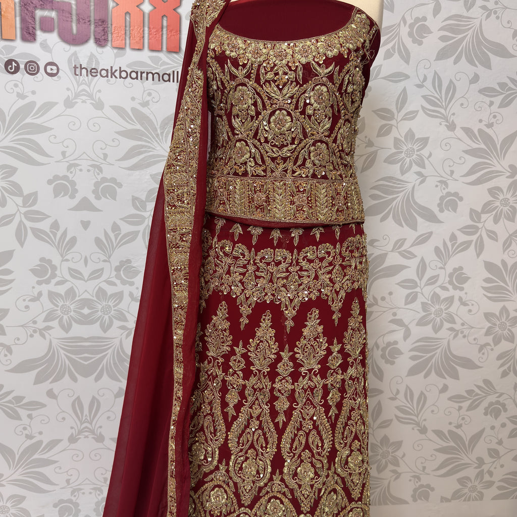 Wedding lehenga hand work BL021 lehenga view – deep anari red crinkle chiffon with kora dabka and jewelry crystal embroidery full skirt Pakistan

