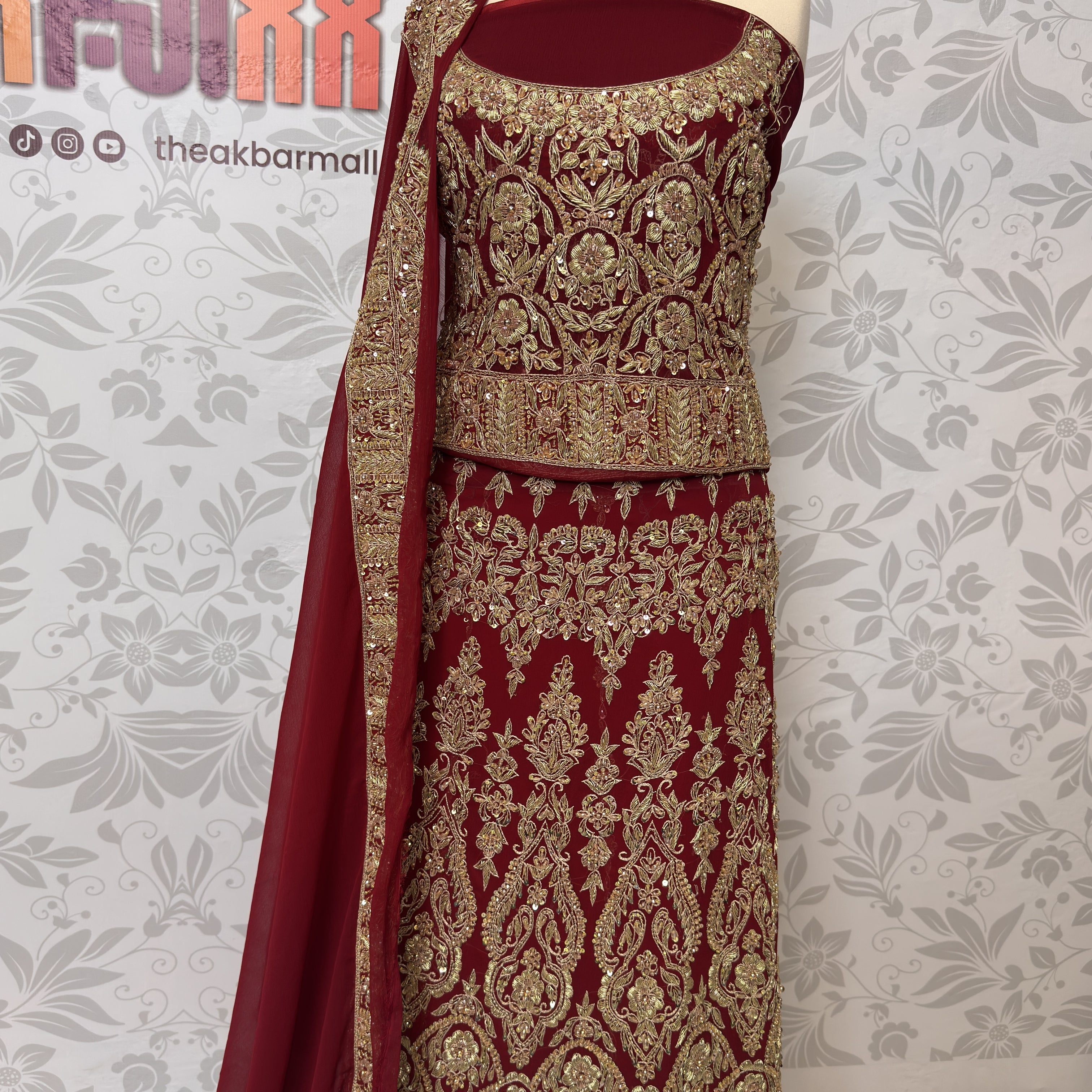 Wedding lehenga hand work BL021 lehenga view – deep anari red crinkle chiffon with kora dabka and jewelry crystal embroidery full skirt Pakistan
