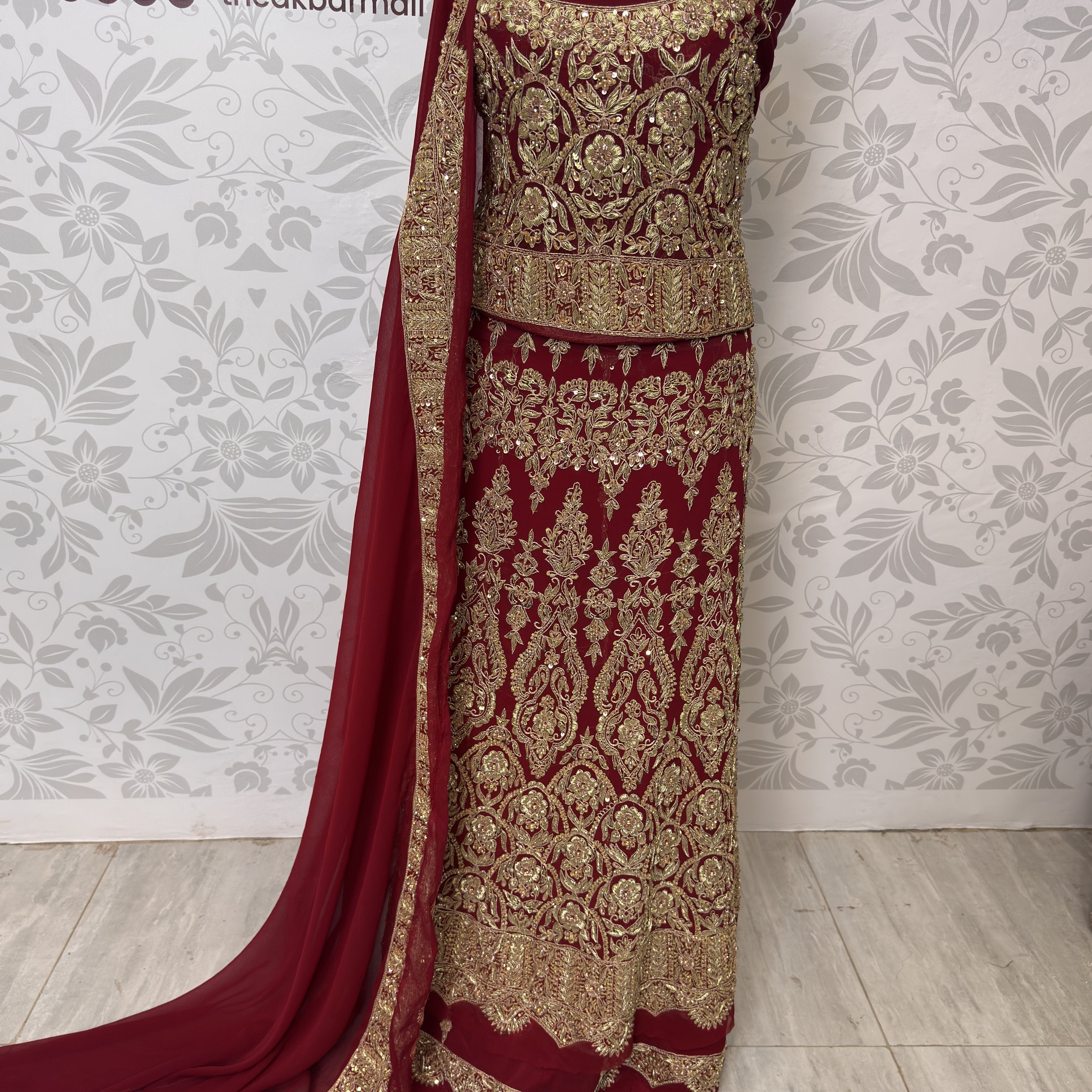 Wedding lehenga hand work BL021 lehenga view – deep anari red crinkle chiffon with kora dabka and jewelry crystal embroidery full skirt Pakistan
