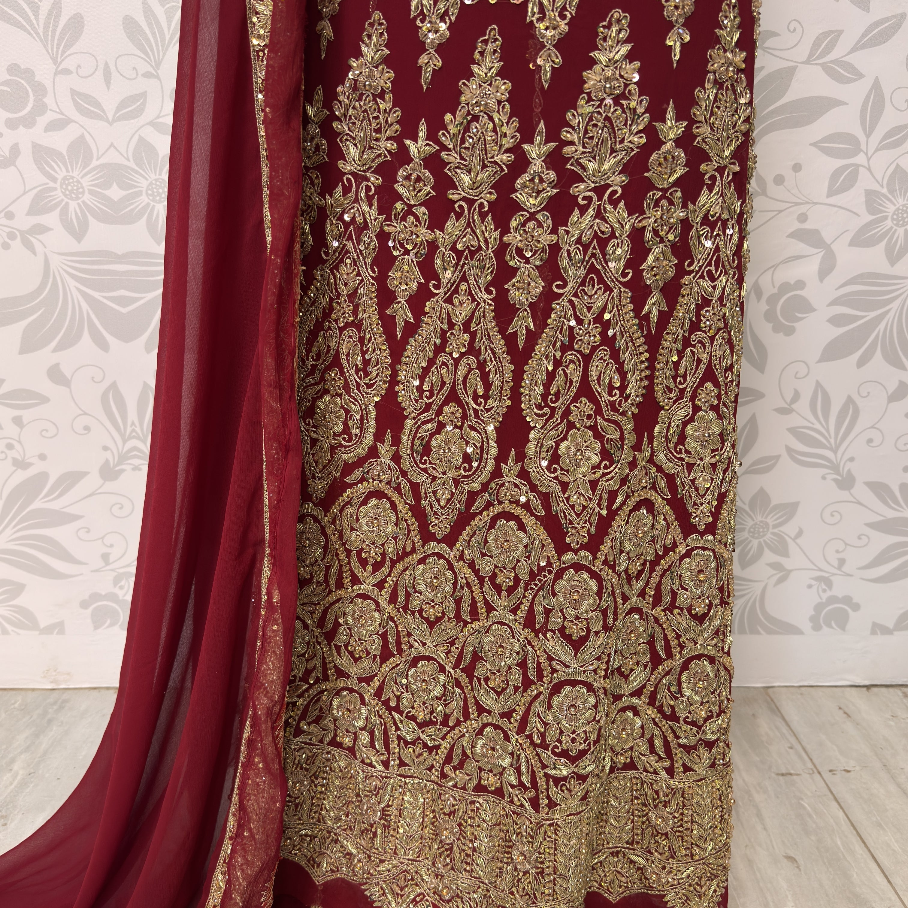 Bridal lehenga hand work BL021 lehenga close up – kora dabka jewelry crystal embroidery detail on deep anari red crinkle chiffon Pakistan

