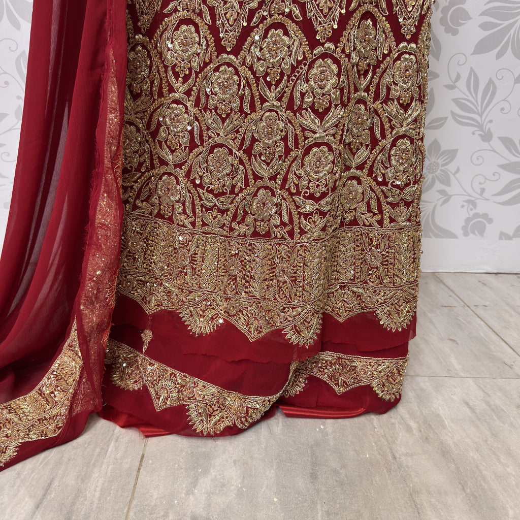Bridal lehenga hand work BL021 lehenga close up – kora dabka jewelry crystal embroidery detail on deep anari red crinkle chiffon Pakistan
