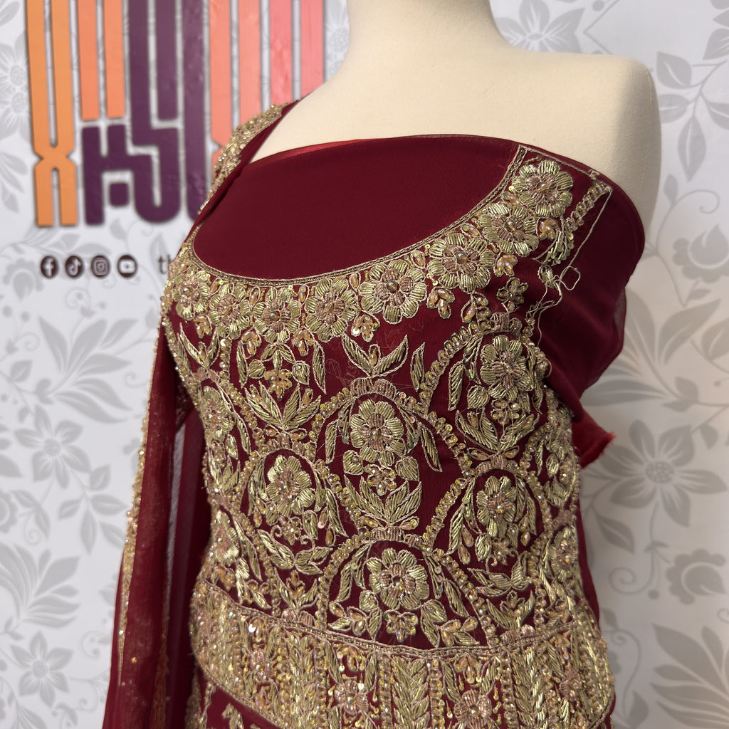 Bridal lehenga hand work shirt view BL021 – deep anari red crinkle chiffon shirt with kora dabka and jewelry crystal embroidery bridal Pakistan
