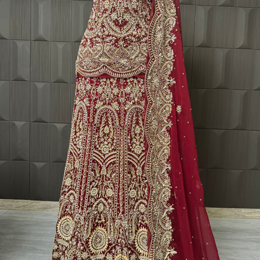 Bridal Lehenga Hand Work – Deep Red PAKISTAN PRICE LENGHA DAMAN DUPPATA