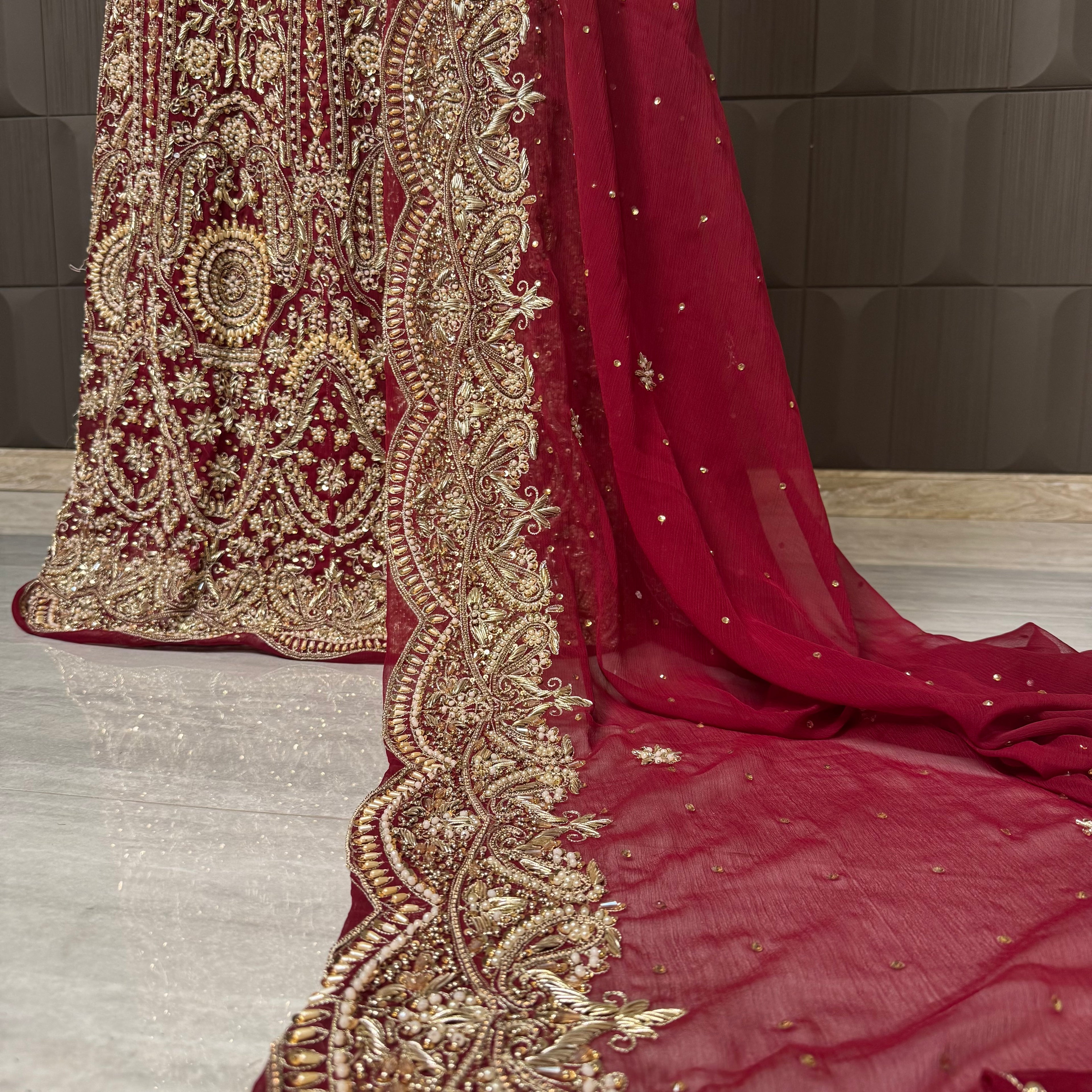 Bridal Lehenga Hand Work – Deep Red PAKISTAN PRICE DUPPATA
