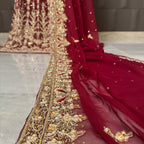 Bridal lehenga hand work dupatta with matha patti heavy border in deep red pakistan 