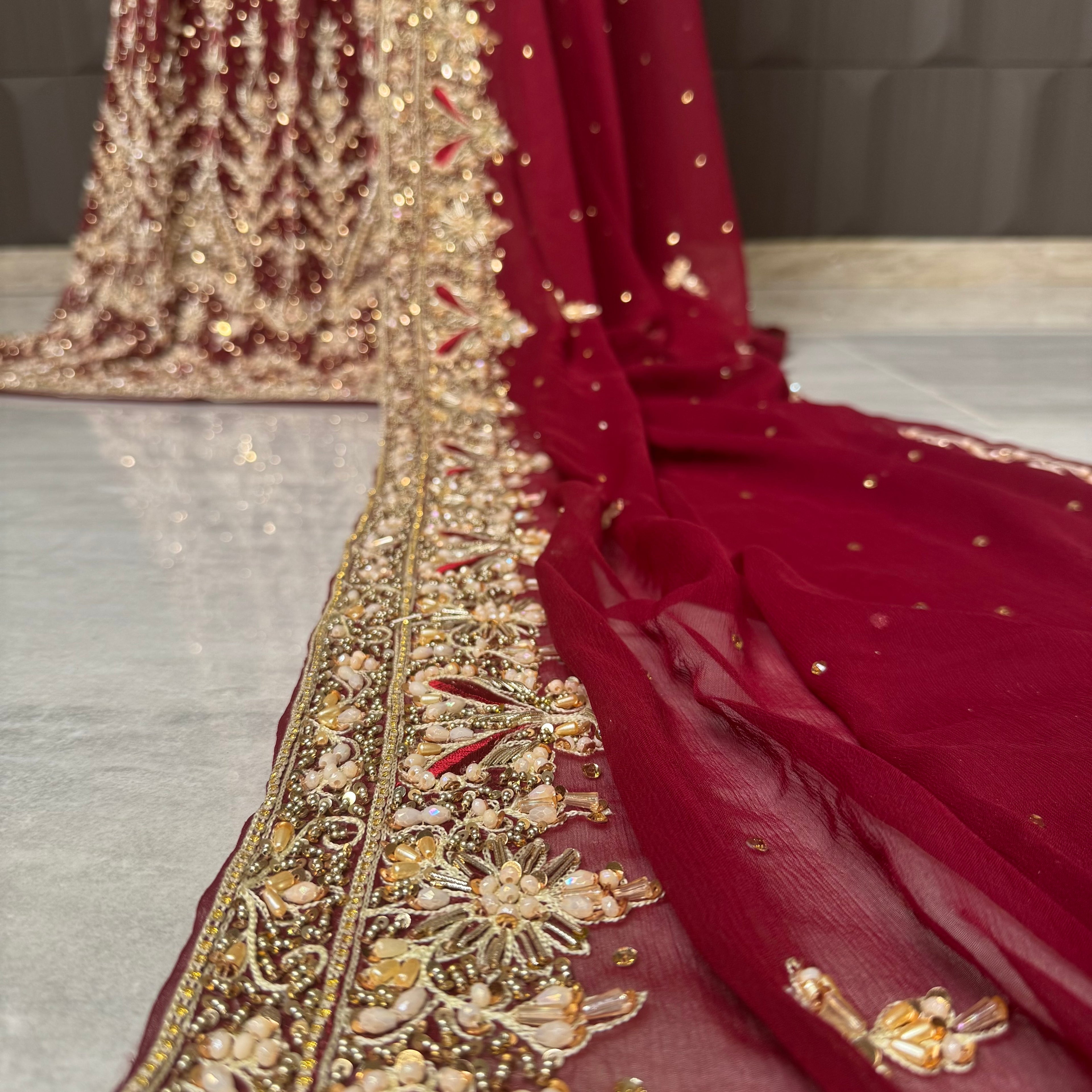 Bridal lehenga hand work dupatta with matha patti heavy border in deep red pakistan 