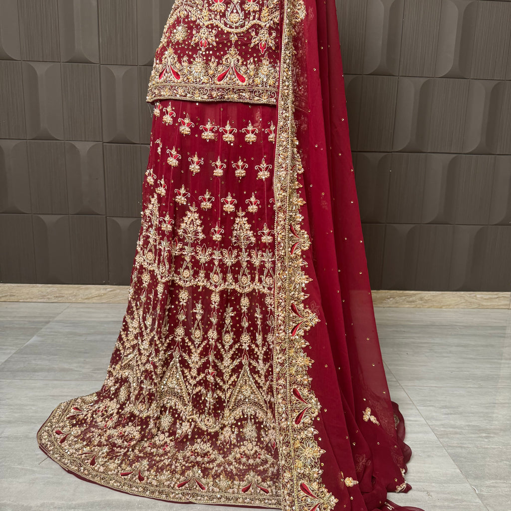 Bridal lehenga pakistani in deep red with tilla kora crystal and botti spray work price in pakistan