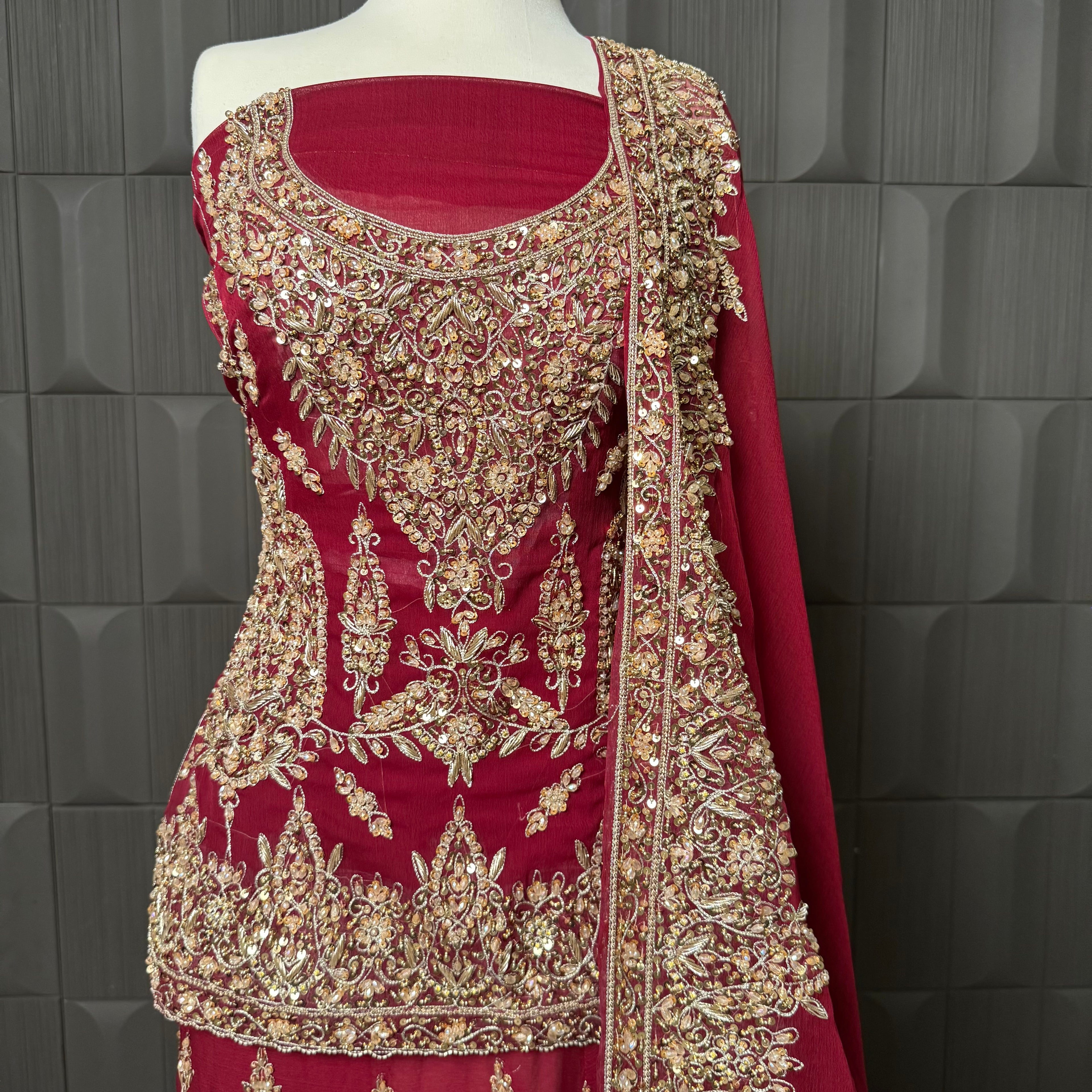 Bridal lehenga hand work in deep red crinkle chiffon with tilla kora and jewelry material