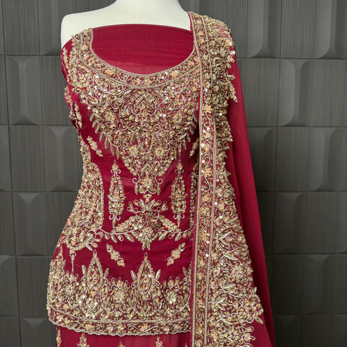 Bridal lehenga hand work in deep red crinkle chiffon with tilla kora and jewelry material