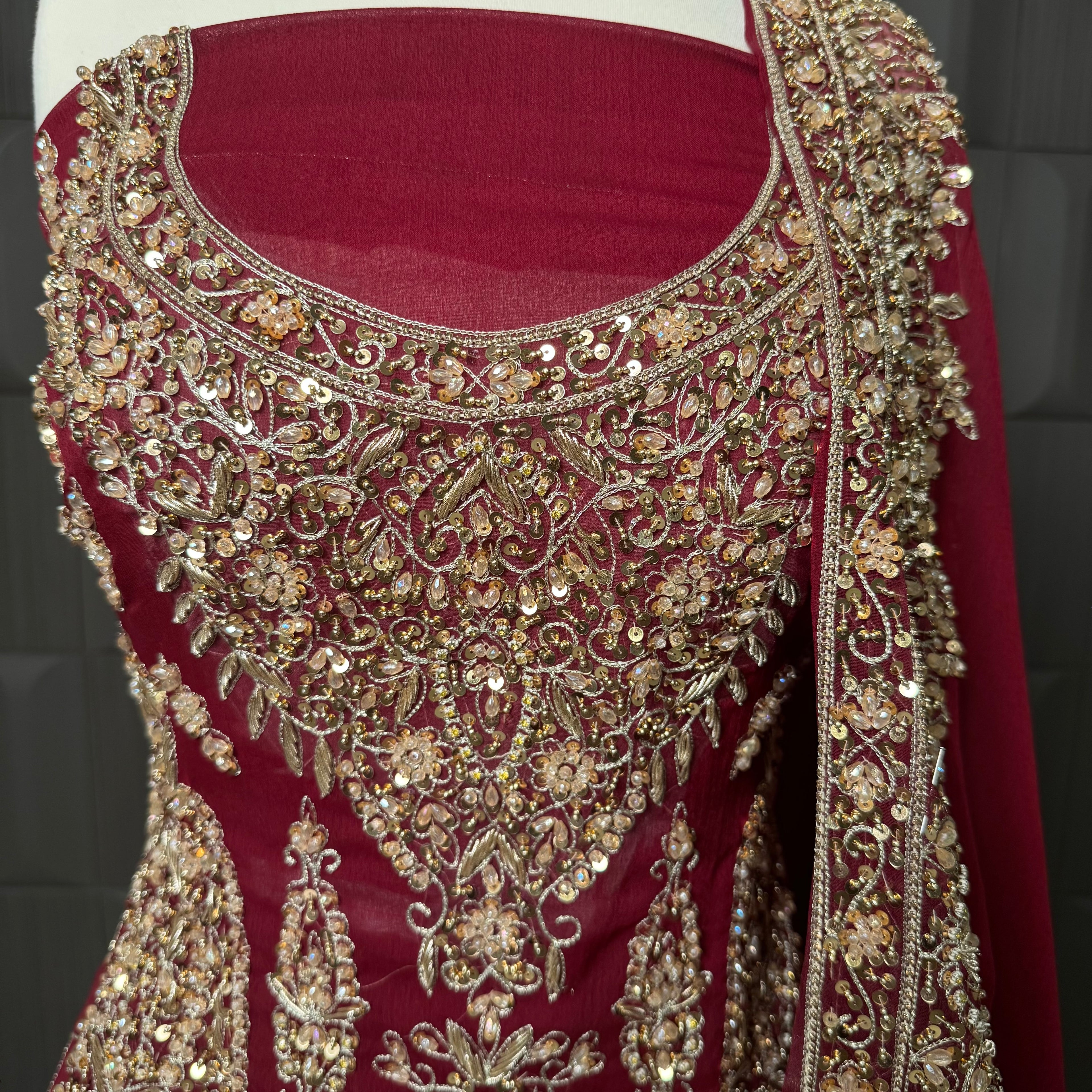 Wedding lehenga hand work shirt with tilla kora and jewelry material embroidery 