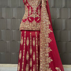 Bridal lehenga pakistani in deep red crinkle chiffon with tilla and kora hand work