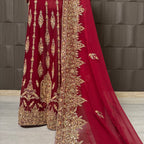 Bridal lehenga pakistani in deep red crinkle chiffon with tilla and kora hand work