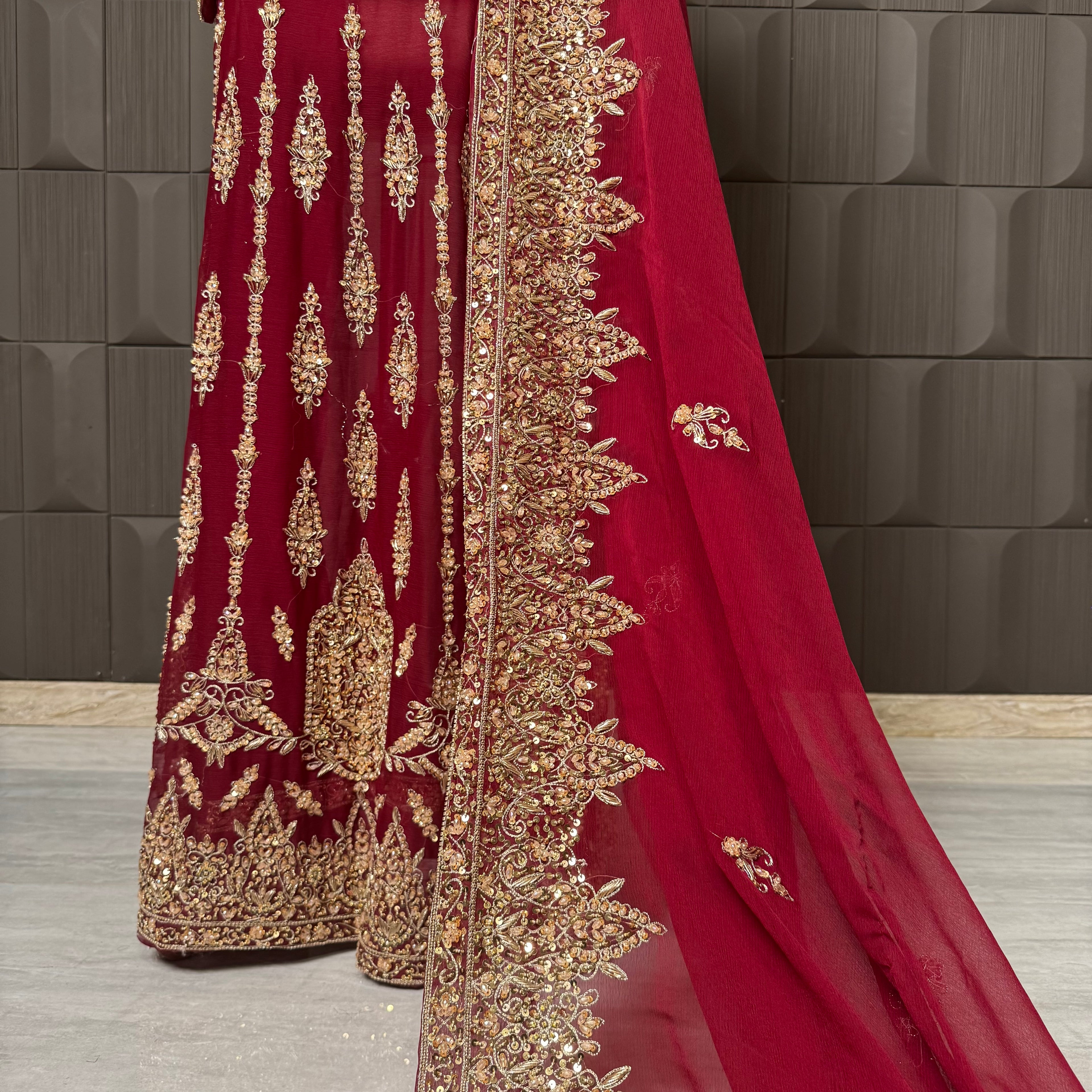 Bridal lehenga pakistani in deep red crinkle chiffon with tilla and kora hand work