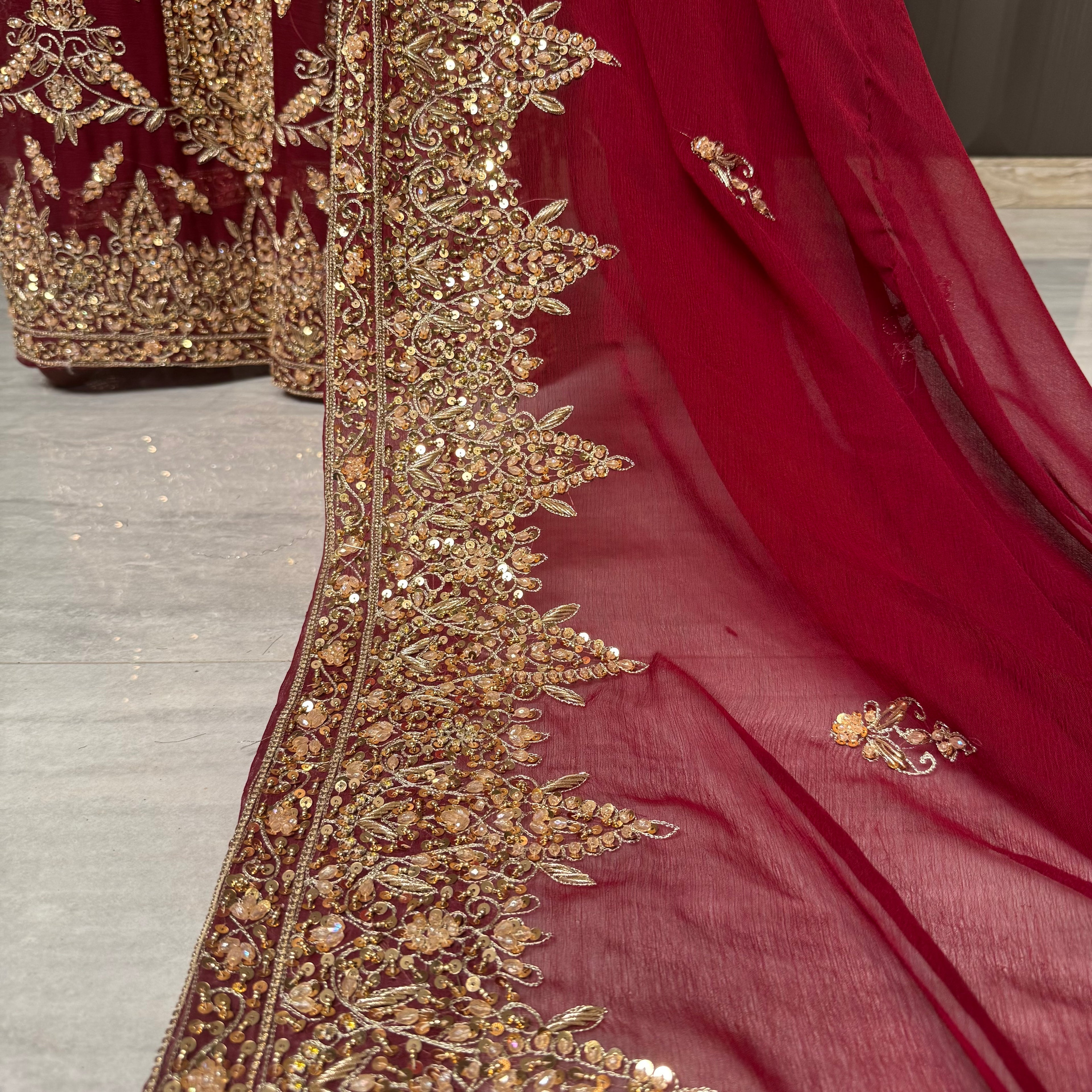 Bridal lehenga hand work dupatta with matha patti heavy border in deep red