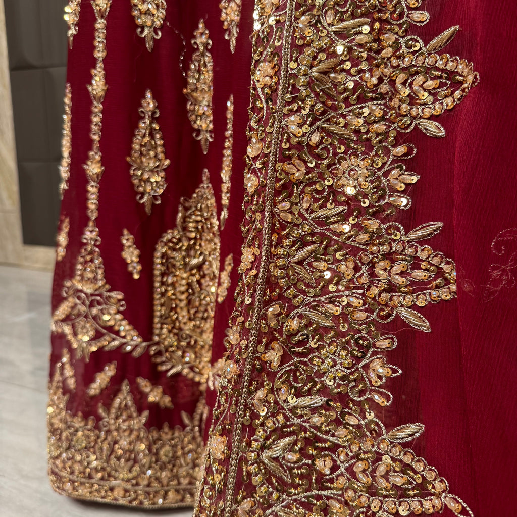 Bridal lehenga hand work dupatta with matha patti heavy border in deep red
