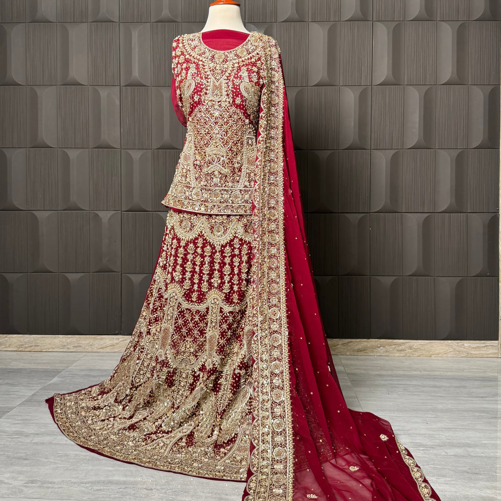 Bridal lehenga hand work in deep red crinkle chiffon with kora and dabka embroidery – Pakistani wedding dress