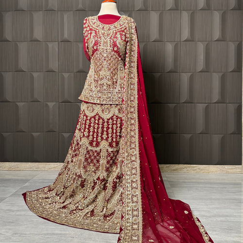 Bridal lehenga hand work in deep red crinkle chiffon with kora and dabka embroidery – Pakistani wedding dress