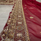 Full bridal lehenga hand work set – shirt, lehenga and dupatta in deep red semi pure crinkle chiffon Pakistan