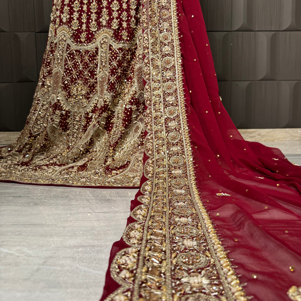 Full bridal lehenga hand work set – shirt, lehenga and dupatta in deep red semi pure crinkle chiffon Pakistan