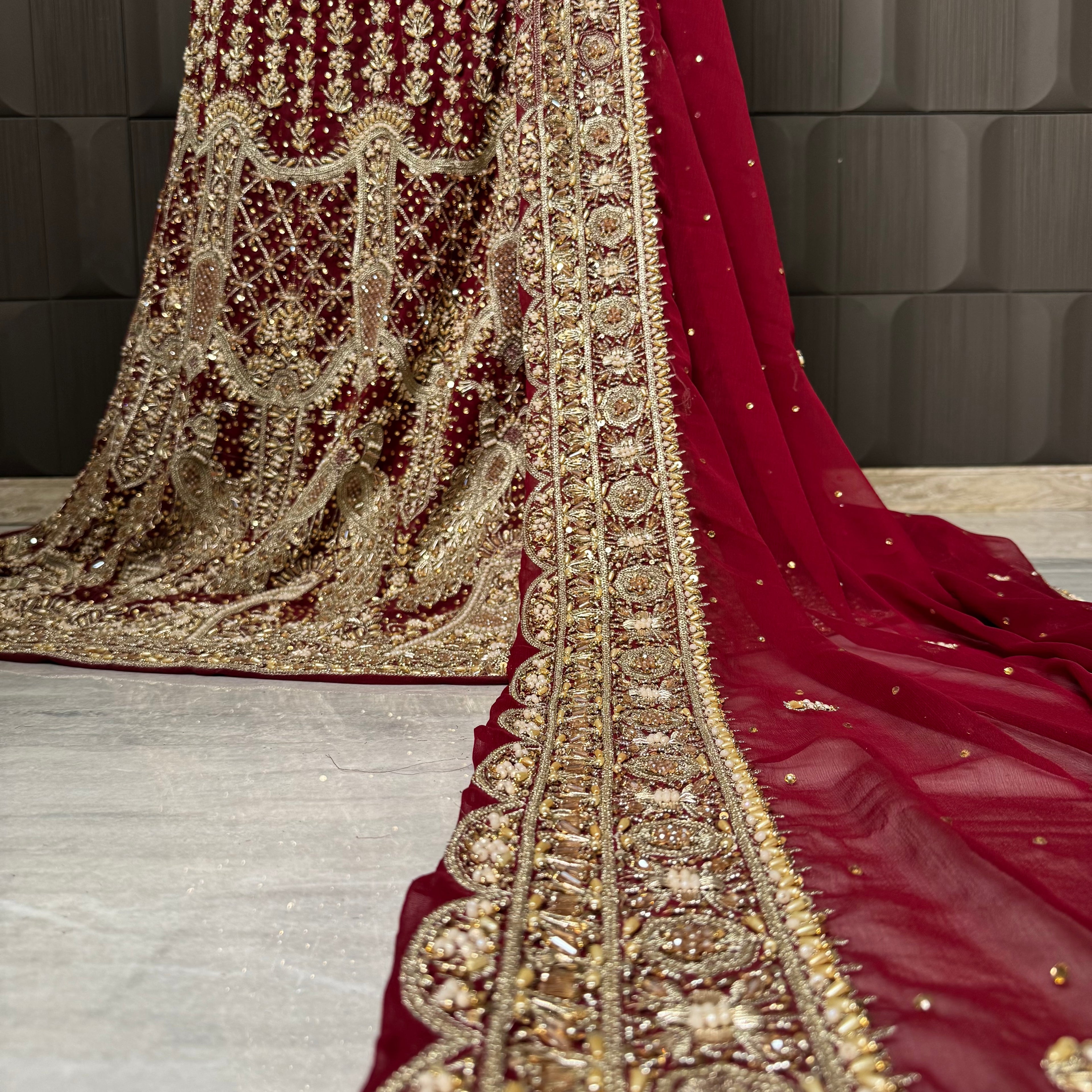 Full bridal lehenga hand work set – shirt, lehenga and dupatta in deep red semi pure crinkle chiffon Pakistan