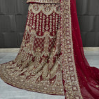 Full bridal lehenga hand work set – shirt, lehenga and dupatta in deep red semi pure crinkle chiffon Pakistan