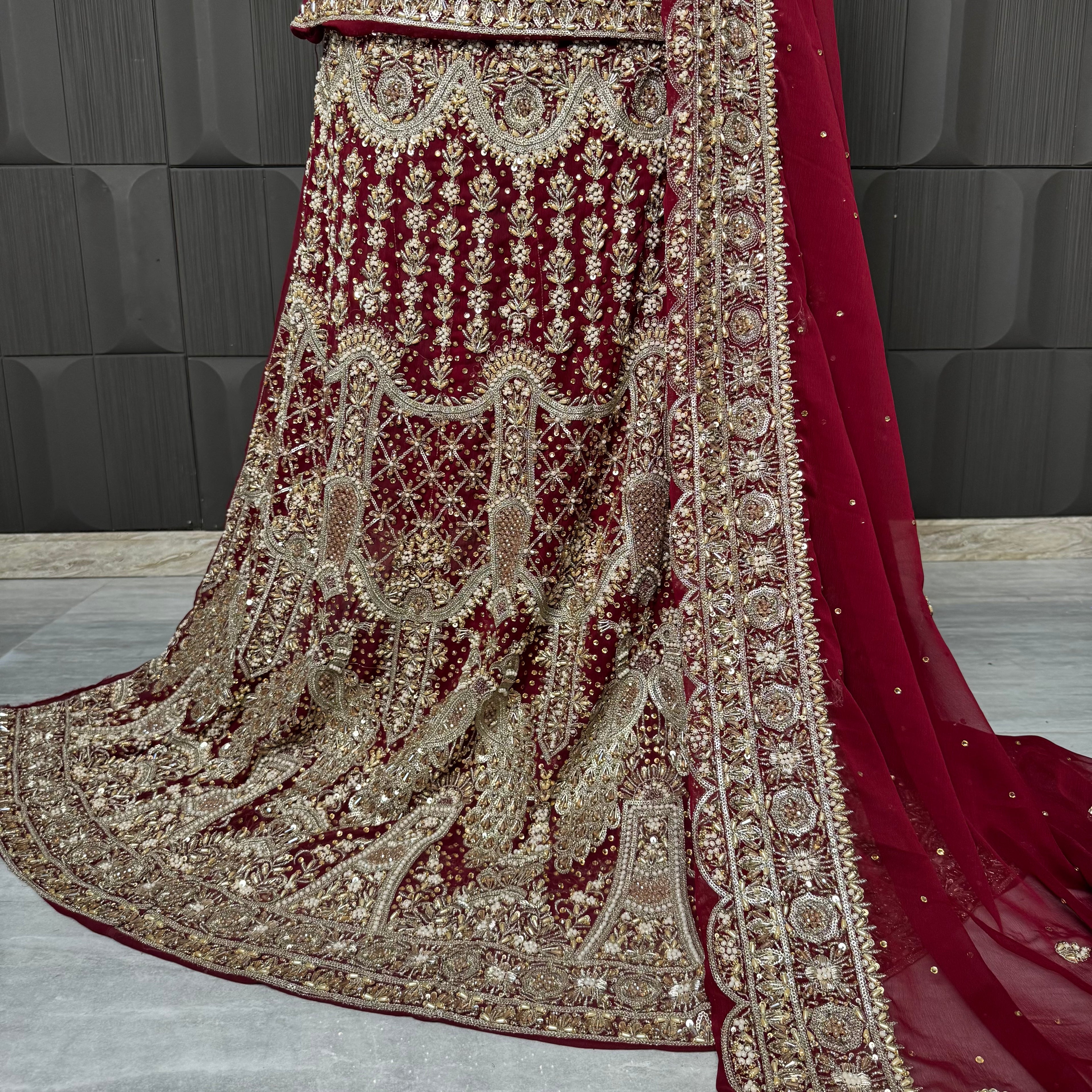 Full bridal lehenga hand work set – shirt, lehenga and dupatta in deep red semi pure crinkle chiffon Pakistan