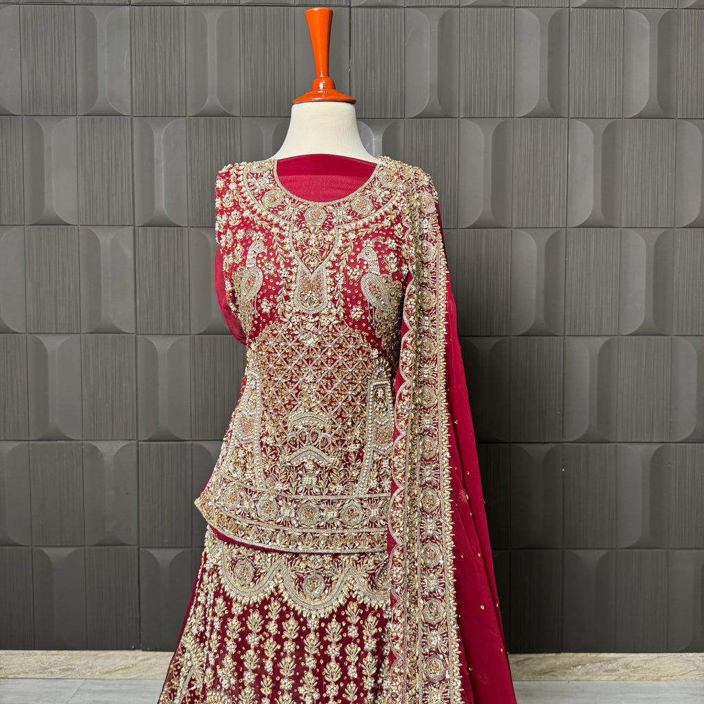 Bridal lehenga hand work in deep red crinkle chiffon with kora and dabka embroidery – Pakistani wedding dress