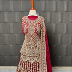 Bridal lehenga hand work in deep red crinkle chiffon with kora and dabka embroidery – Pakistani wedding dress