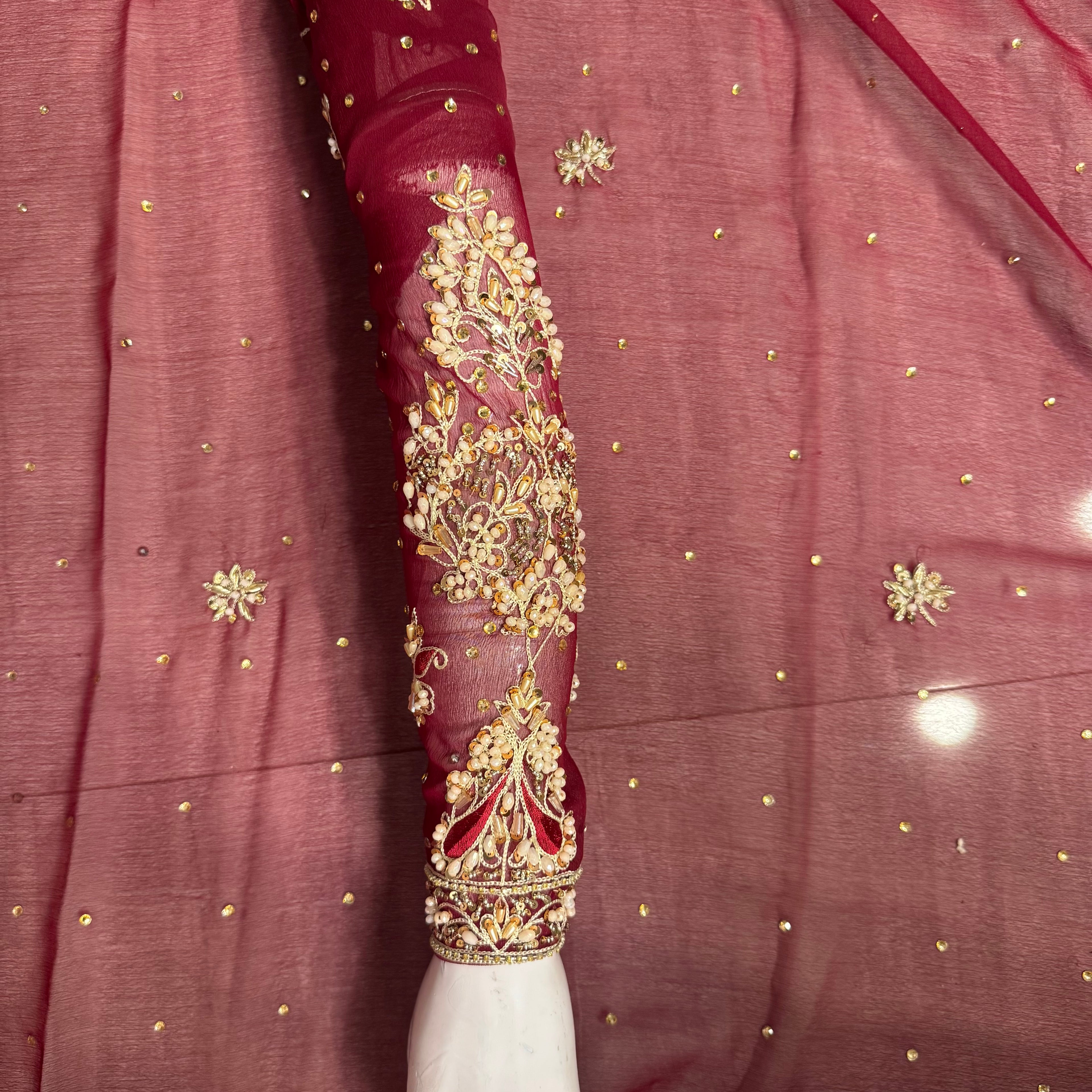 Full bridal lehenga hand work set – slevess in deep red semi pure crinkle chiffon Pakistan