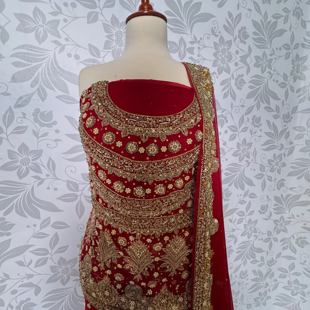 Bridal lehenga hand work shirt view BL024 – red bareeze net shirt with nakshi stone pearls and kora embroidery bridal Pakistan
