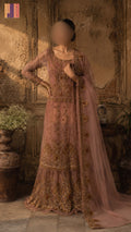 Bridal maxi BM012 full view – dark tea pink net with dabka jewelry hand work lehenga maxi Pakistani wedding dress
