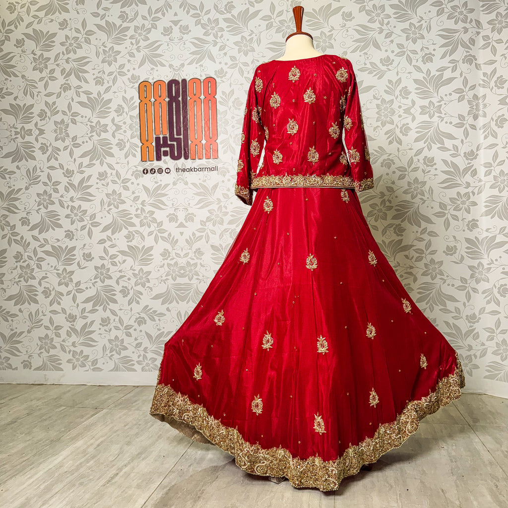 bridal lehenga pakistani deep anari red Shirt and lehenga back view