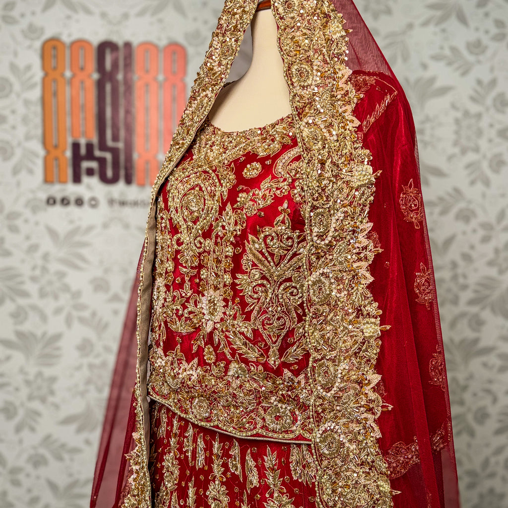 bridal lehenga pakistani deep anari red Shirt view
