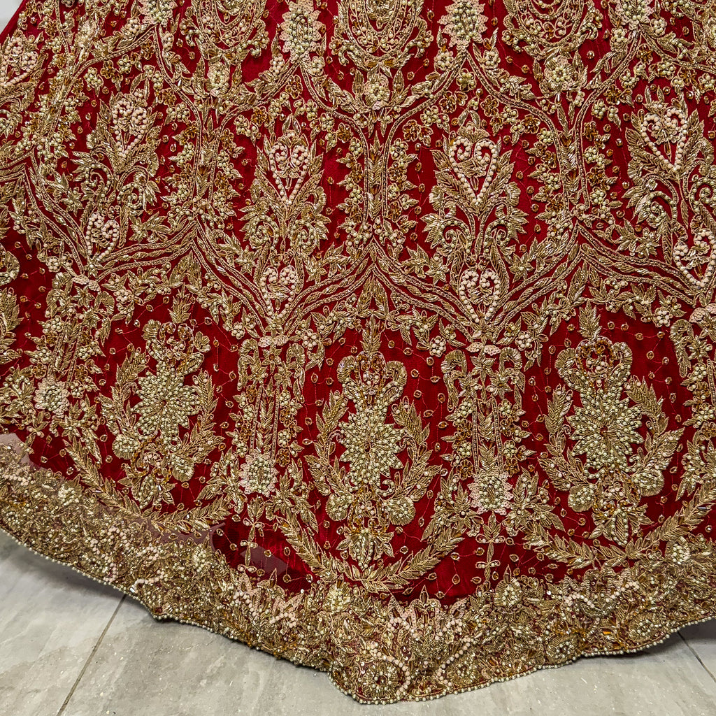 bridal lehenga pakistani deep anari red Lehenga closeup view