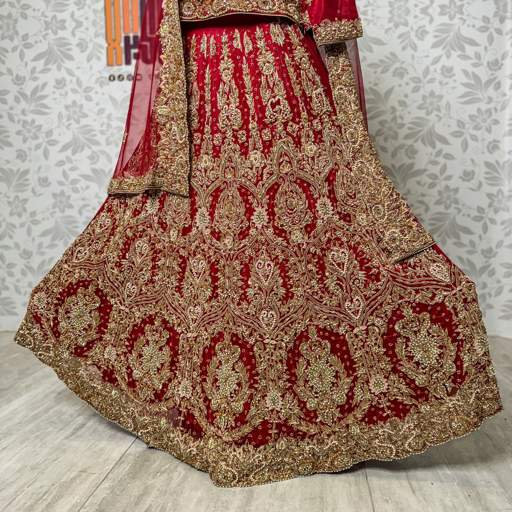 bridal lehenga pakistani deep anari red lehenga view