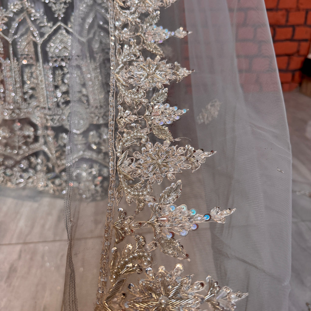 Bridal Maxi for Walima in Pakistan Grey BM025 – Dakka Kora Hand Work Close Up Net Suit
