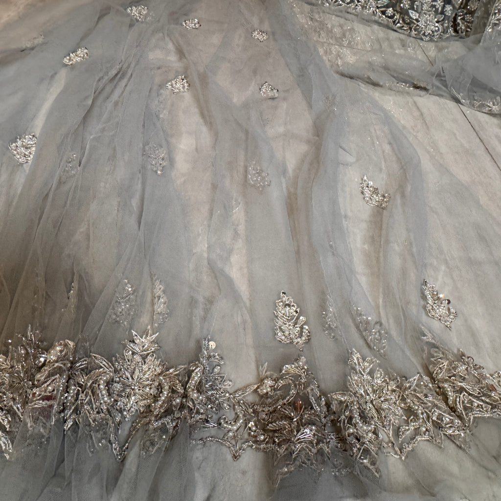 Bridal Maxi Back View BM025 Grey – Light Border Boti Work Net Fabric Hand Work Pakistan

