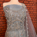 Bridal Maxi for Barat Grey BM025 – Hand Work Dakka Kora Jewelry Embellishment Net Suit
