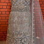 Bridal Maxi Hand Work Grey – Kora Dakka Jewelry Detail View BM025 Net Fabric Pakistan

