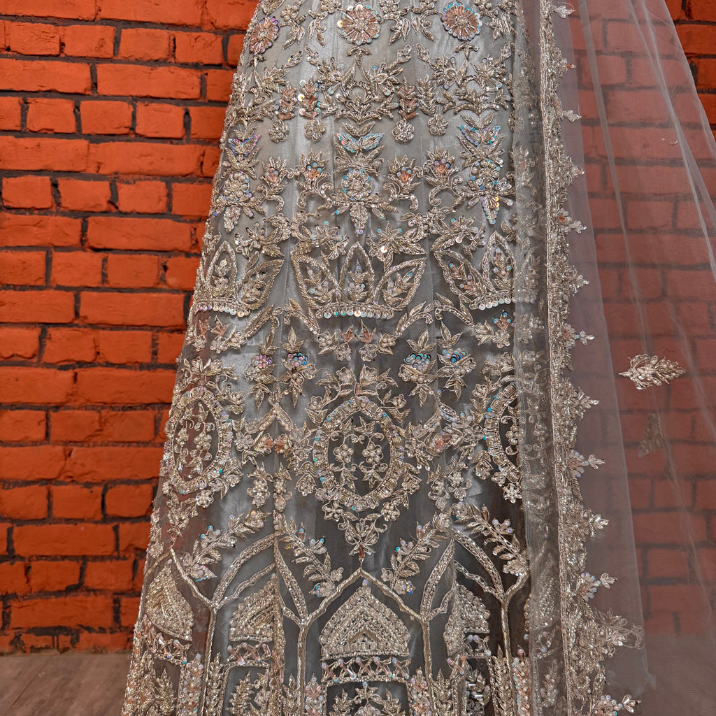 Bridal Maxi for Walima Grey BM025 – Heavy Hand Embellishment Dakka Kora Net Suit Pakistan
