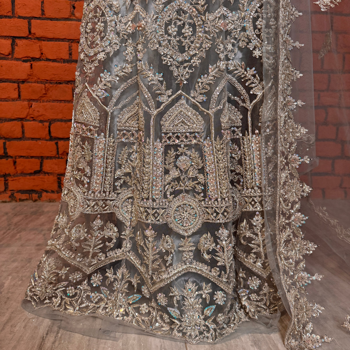 Bridal Maxi for Nikkah Grey BM025 – Jewelry Work Kora Dakka Hand Work Net Fabric Pakistan
