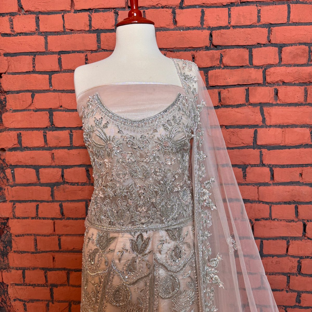 Bridal Maxi Hand Work Peach – Kora Dakka Jewelry Detail View BM024 Net Fabric Pakistan
