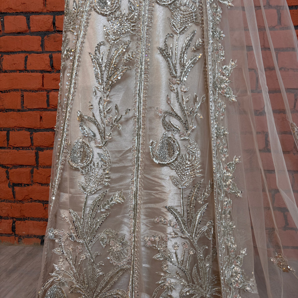 Bridal Maxi Hand Work Peach – Kora Dakka Jewelry Detail View BM024 Net Fabric Pakistan
